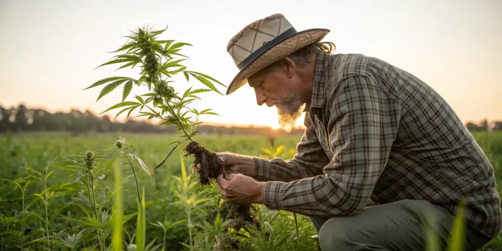 Agriculteur examinant les racines d’une plante de cannabis dans un champ.