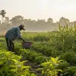 Agriculteur travaillant dans un champ avec cultures associees.