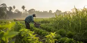 Agriculteur travaillant dans un champ avec cultures associees.