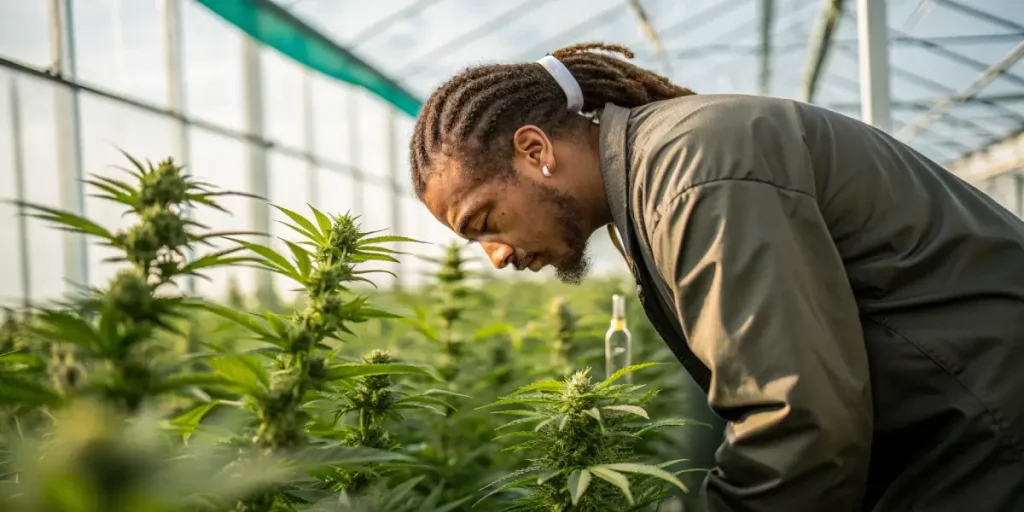 Agriculteur inspectant des plants de cannabis en floraison dans une serre.