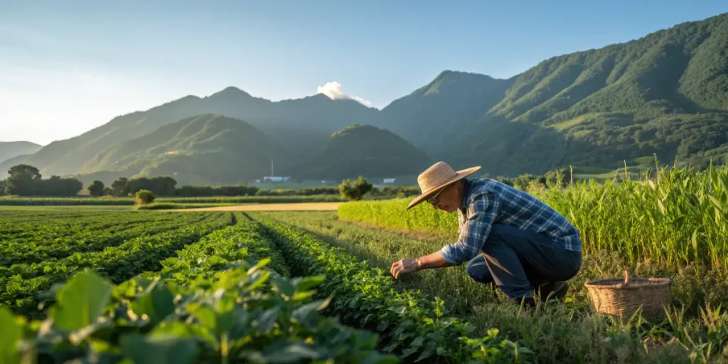Agriculteur inspectant des cultures en plein champ au pied des montagnes.