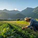 Agriculteur inspectant des cultures en plein champ au pied des montagnes.