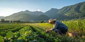 Agriculteur inspectant des cultures en plein champ au pied des montagnes.