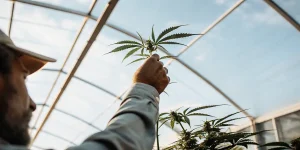 Agriculteur inspectant une plante de cannabis dans une serre lumineuse.