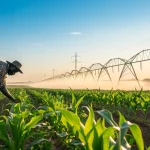 Agriculteur travaillant dans un champ irrigue avec systeme d arrosage mecanise.