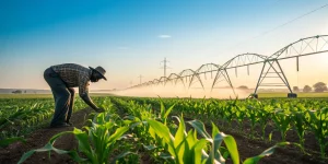 Agriculteur travaillant dans un champ irrigue avec systeme d arrosage mecanise.