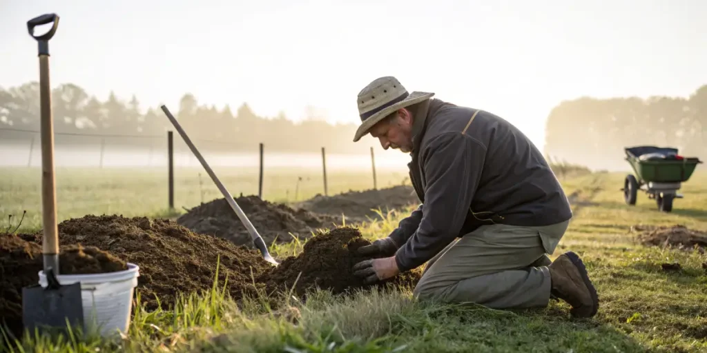 Agriculteur verifiant la structure du sol dans un champ cultive.