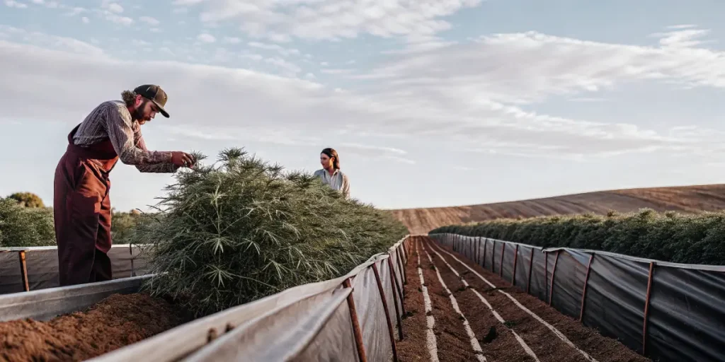 Agriculteurs travaillant dans une culture de cannabis en extérieur.