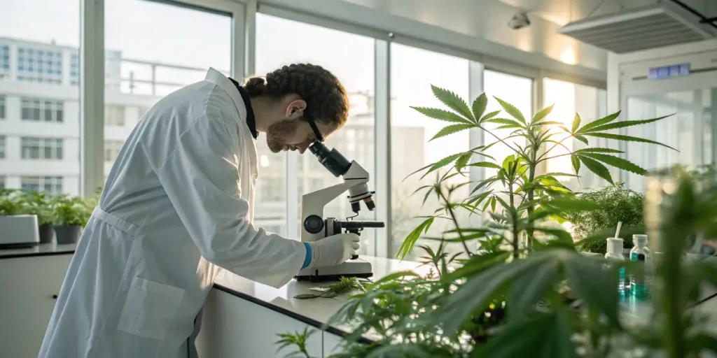 Scientifique analysant une plante de cannabis au microscope dans un laboratoire lumineux.