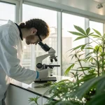 Scientifique analysant une plante de cannabis au microscope dans un laboratoire lumineux.