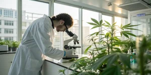 Scientifique analysant une plante de cannabis au microscope dans un laboratoire lumineux.