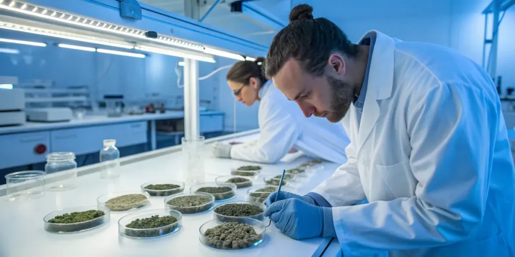 Scientifiques analysant des échantillons de cannabis dans un laboratoire.