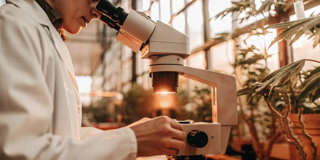 Chercheuse étudiant un échantillon de cannabis au microscope dans une serre.
