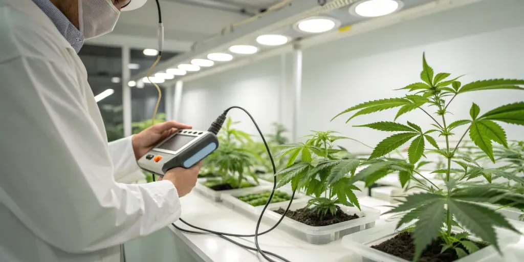 Scientifique mesurant des parametres de croissance sur des plants de cannabis en laboratoire.
