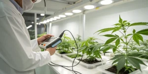 Scientifique mesurant des parametres de croissance sur des plants de cannabis en laboratoire.