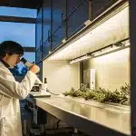 Scientifique analysant des échantillons de cannabis au microscope dans un laboratoire.