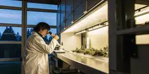 Scientifique analysant des échantillons de cannabis au microscope dans un laboratoire.