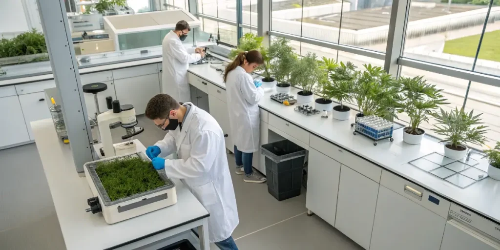 Chercheurs étudiant des plantes de cannabis dans un laboratoire scientifique.
