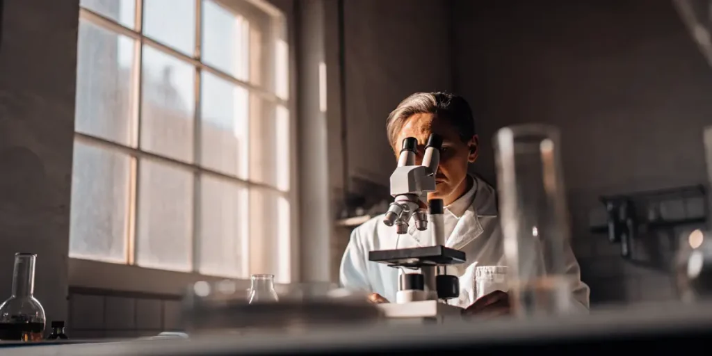 Chercheur analysant un échantillon avec un microscope dans un laboratoire.