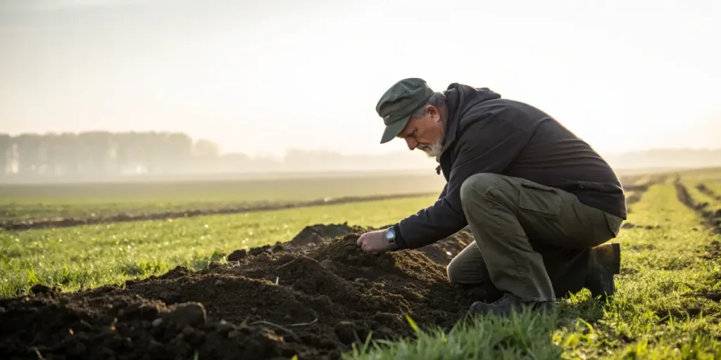 Agriculteur analysant la qualite du sol dans un champ agricole.