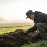 Agriculteur analysant la qualite du sol dans un champ agricole.