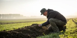 Agriculteur analysant la qualite du sol dans un champ agricole.