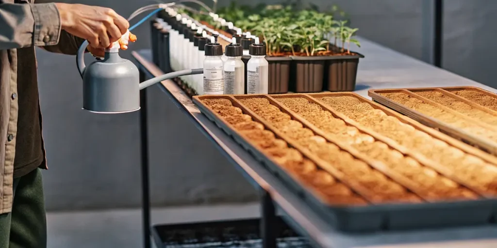 Arrosage et nutrition de semences de cannabis sur table de culture avec pulvérisateur et flacons nutritifs.