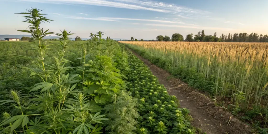 Plants de cannabis cultives avec d'autres cultures dans un champ agricole.