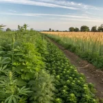 Plants de cannabis cultives avec d'autres cultures dans un champ agricole.