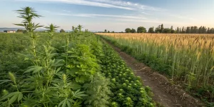 Plants de cannabis cultives avec d'autres cultures dans un champ agricole.