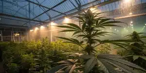 Plante autofleurissante au centre d une serre moderne avec systeme d arrosage.
