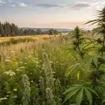 Plante de cannabis poussant dans une prairie avec fleurs sauvages.