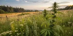Plante de cannabis poussant dans une prairie avec fleurs sauvages.