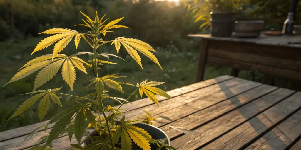 Plant de cannabis montrant des signes de carence avec feuilles jaunes en culture exterieure.