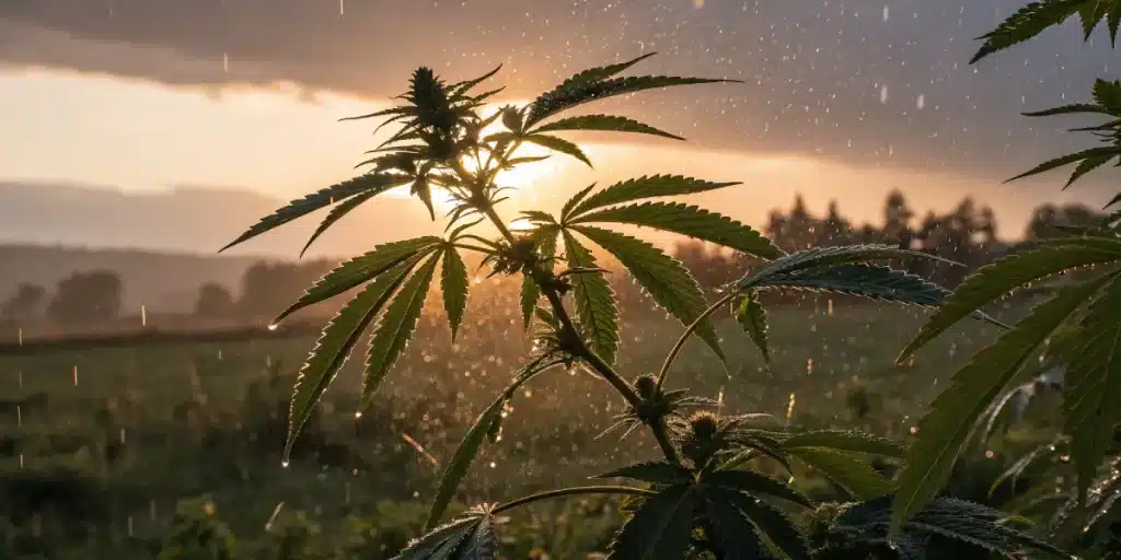 Plante de cannabis sous la pluie au coucher du soleil.