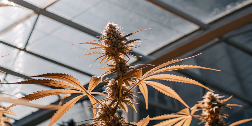 Plante de cannabis aux feuilles cuivrees en serre sous lumiere naturelle.