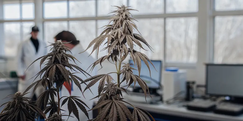 Plante de cannabis aux feuilles fanees en cours d analyse scientifique.