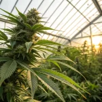Plante de cannabis en floraison cultivée dans une serre au coucher du soleil.