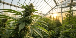 Plante de cannabis en floraison cultivée dans une serre au coucher du soleil.