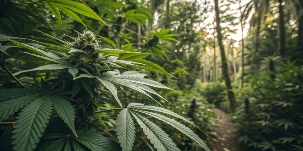 Plante de cannabis en floraison dans une foret humide et dense.