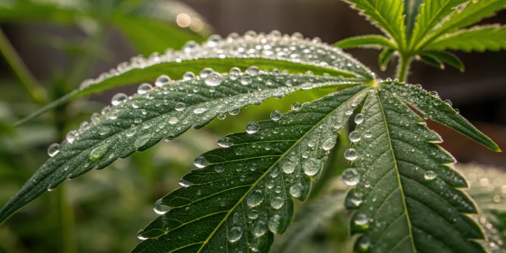 Surface foliaire de cannabis avec gouttes d eau apres arrosage.