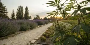 Plants de cannabis a cote de lavande dans un jardin au coucher du soleil.
