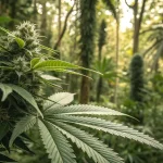 Plant de cannabis en milieu sauvage sous une forte humidite.