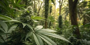 Plant de cannabis en milieu sauvage sous une forte humidite.