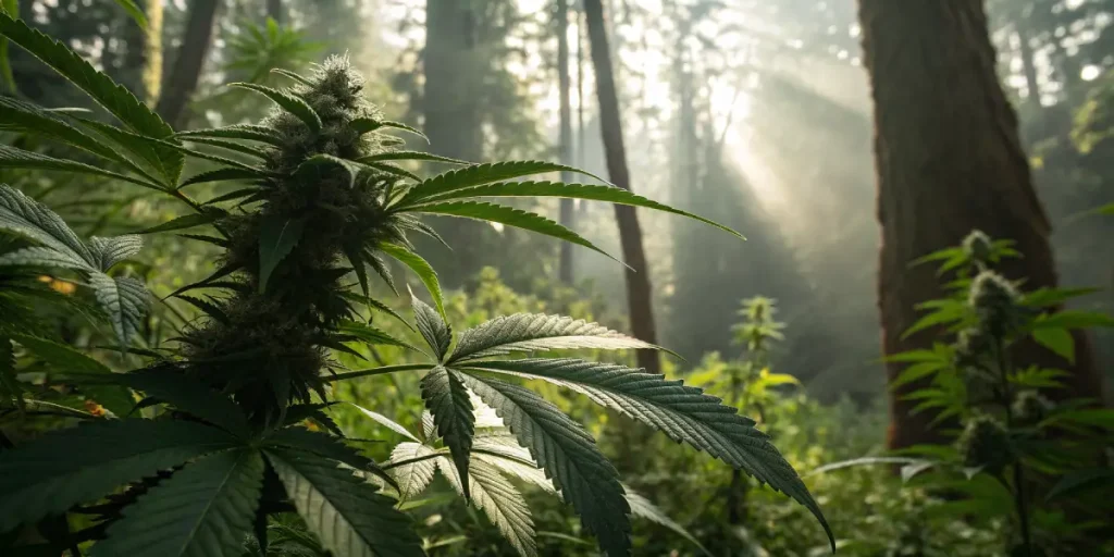 Plant de cannabis en exterieur illumine par des rayons de soleil en foret.