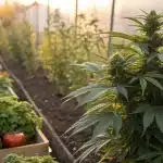 Plante de cannabis cultivée dans un potager avec légumes.