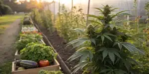 Plante de cannabis cultivée dans un potager avec légumes.