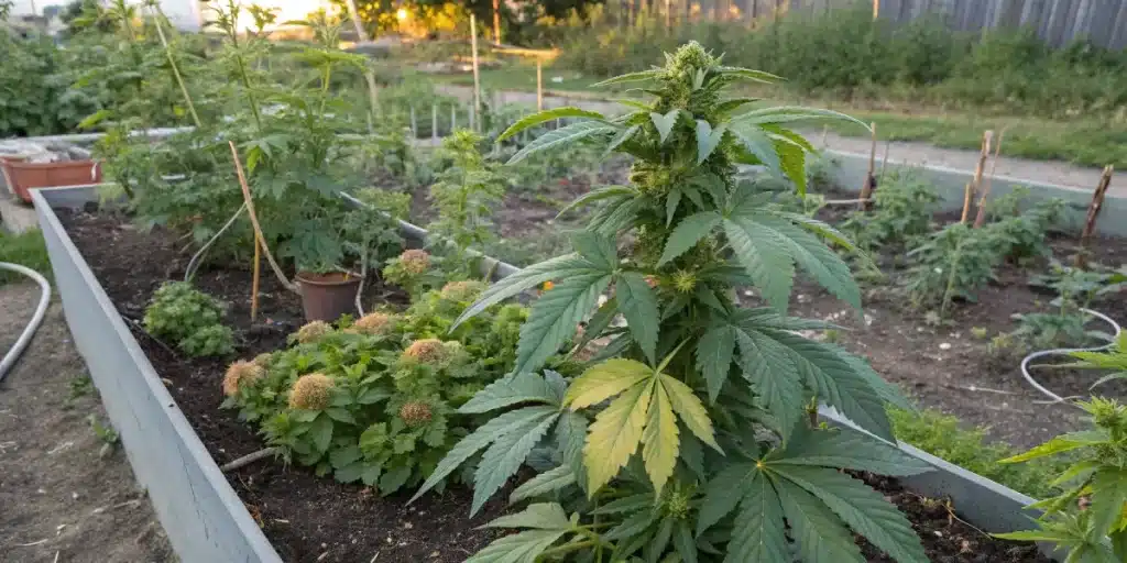 Plante de cannabis avec feuilles jaunissantes dans un potager.