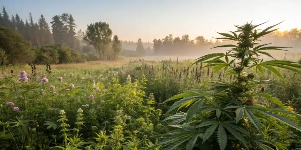 Plante de cannabis poussant dans une prairie naturelle riche en biodiversité.