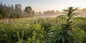 Plante de cannabis poussant dans une prairie naturelle riche en biodiversité.